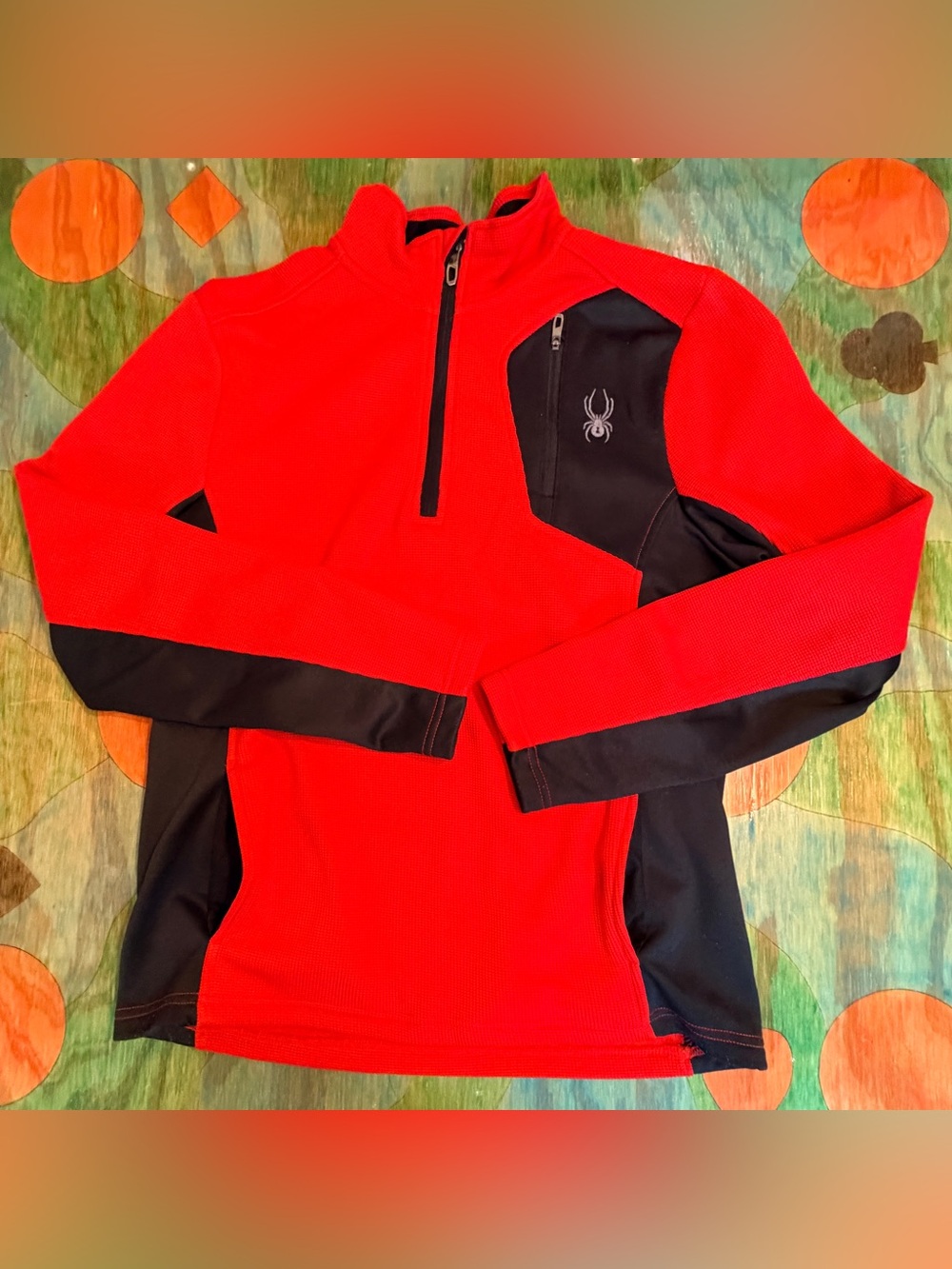 Spyder Mens Red Black Quarter Zip Pullover Fleece Jacket Medium Waffle Knit Mock